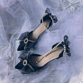 Retro Court Style Cosplay Flower Wedding Girl Mysterious Elegant Tea Party Gem Pearl Bow Lace Silk Satin 9cm High Heeled Shoes